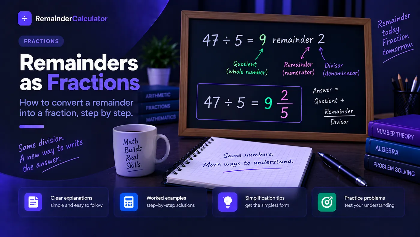 47 divided by 5 giving 9 remainder 2, relabelled as the mixed number 9 and two fifths with the quotient, remainder and divisor named